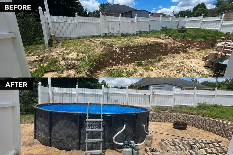 Sloped backyard before grading and the same yard after, with an above ground pool set on a level pad